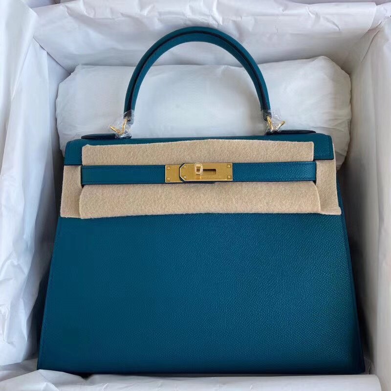 Hermes Kelly 28cm Handbag Shoulder Bag in Blue Paon Epsom Leather